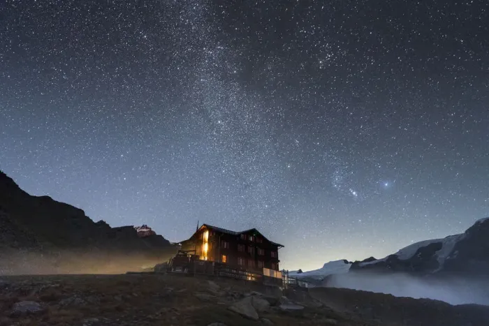 Framed Print : Illuminated mountain hut hotel under the stars, Fluhalp, Zermatt, Valais Canton Framed Print : Illuminated mountain hut hotel under the stars, Fluhalp, Zermatt, Valais Canton