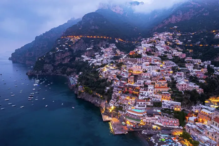 Framed Print : The illuminated and pretty village of Positano at dawn, aerial view, Amalfi Coast, UNESCO World Heritage Site, Campania region, Italy, Europe Framed Print : The illuminated and pretty village of Positano at dawn, aerial view, Amalfi Coast, UNESCO World Heritage Site, Campania region, Italy, Europe