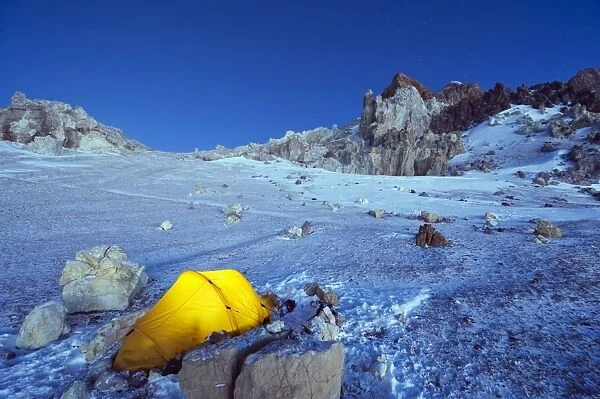 Illuminated tent at White Rocks campsite, Piedras Blancas, 6200m, Aconcagua 6962m