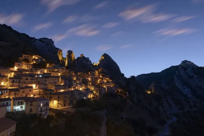 Framed Print : Illuminated village of Castelmezzano framed by Dolomiti Lucane peaks at sunrise Framed Print : Illuminated village of Castelmezzano framed by Dolomiti Lucane peaks at sunrise