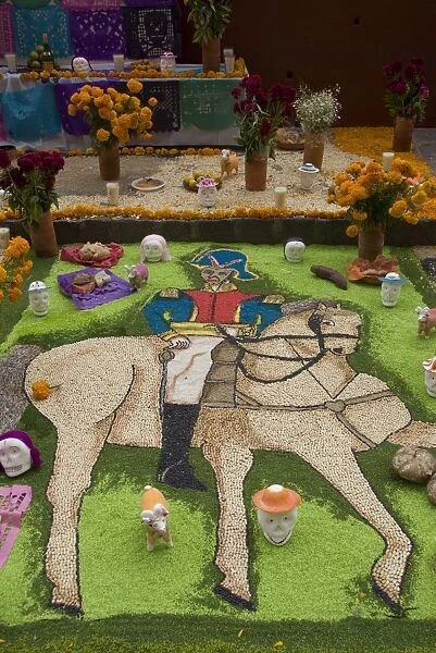 Image of Ignacio Allende, a revolutionary hero, part of decorations for the Day of the Dead festival, Plaza Principal, San Miguel de Allende, Guanajuato, Mexico