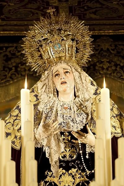 Image of Virgin Mary on float (pasos) carried during Semana Santa (Holy Week), Seville, Andalucia, Spain, Europe