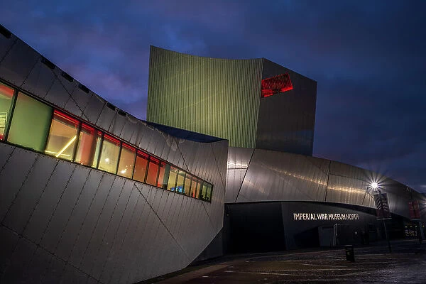 Imperial War Museum North at night, Salford Quays, Manchester, England, United Kingdom, Europe