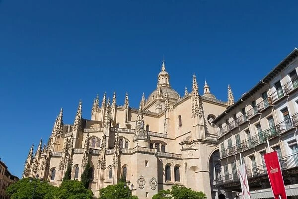 The imposing Gothic Cathedral of Segovia from Plaza Mayor, Segovia, Castilla y Leon