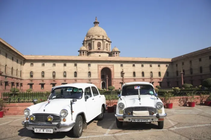 Framed Print : IN70038. Ambassador cars, Secretariat North Block Framed Print : IN70038. Ambassador cars, Secretariat North Block