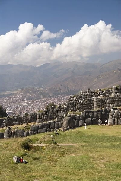 Inca fortification of Sacsayhuaman with Cuzco in background, near Cuzco