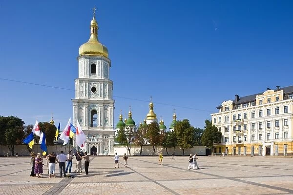 Independence Day, Ukrainian national flags in the square outside St. Sophia Cathedral