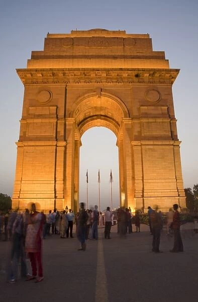 India Gate illuminated in evening, New Delhi, India, Asia