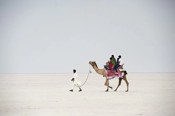 Indian family enjoying a camel ride in the white desert, a seasonal salt marsh in