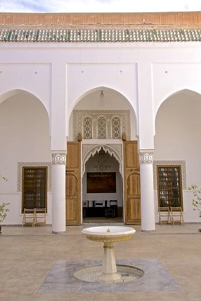 Indoor patio with fountain, Storks House, Dar Bellarj, built in 1930, Arts and Crafts Centre, Art foundation, Medina, Marrakech, Morocco, North Africa, Africa