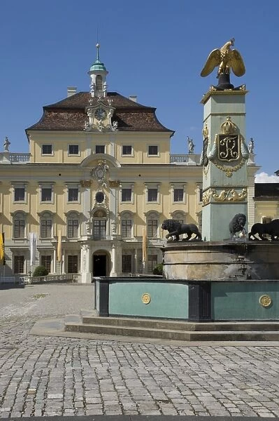 The inner courtyard Palace buildings and fountain at the 18th century Baroque Residenzschloss, inspired by Versailles Palace, Ludwigsburg, Baden Wurttemberg, Germany, Europe