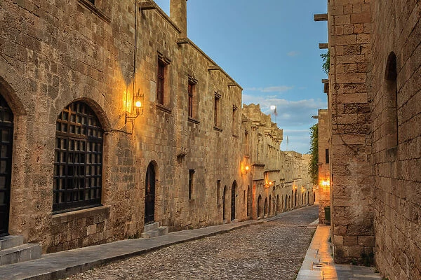 Inns at dusk, Street of the Knights, blue hour, Medieval Old Rhodes Town, UNESCO