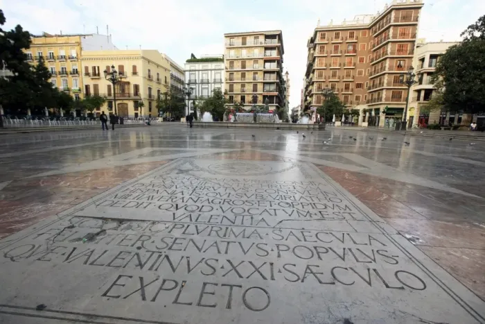 Framed Print : Inscribed stone in a square in Central Valencia, Valencia, Spain, Europe Framed Print : Inscribed stone in a square in Central Valencia, Valencia, Spain, Europe