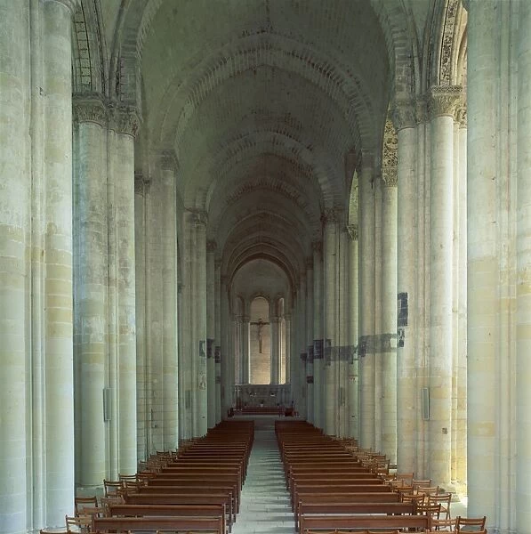Interior of 12th century Romanesque church, the longest in France without a transept