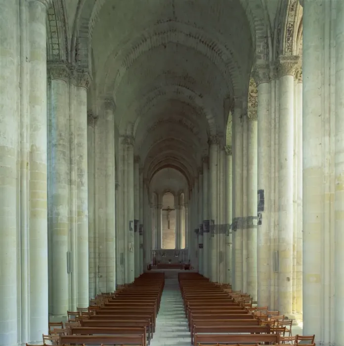 Framed Print : Interior of 12th century Romanesque church, the longest in France without a transept Framed Print : Interior of 12th century Romanesque church, the longest in France without a transept