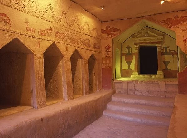 Interior with arches and painted walls of the Sidonian burial cave dating from the 3rd to the 2nd centuries BC, Apollophanaes, at Beit Guvrin, Israel
