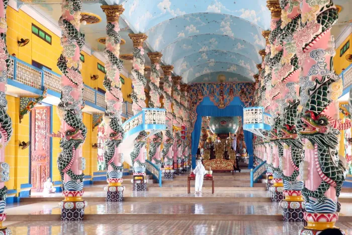 Framed Print : Interior of Cao Dai Great Temple with ornate dragon columns, Tay Ninh, Vietnam, Indochina Framed Print : Interior of Cao Dai Great Temple with ornate dragon columns, Tay Ninh, Vietnam, Indochina