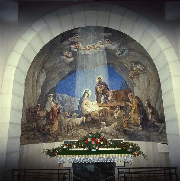 Interior of church with Nativity scene