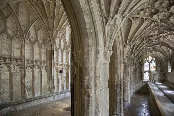 Interior of cloisters and monks lavatorium with fan vaulting, Gloucester Cathedral