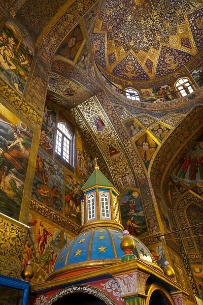 Interior of dome of Vank (Armenian) Cathedral with Archbishops throne in foreground