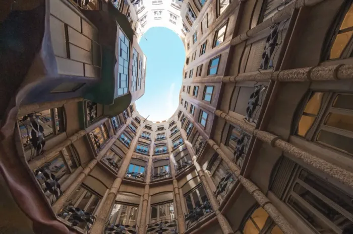 Framed Print : Interior fish eye view of La Pedrera (Casa Mila), an apartment block designed by Antonio Gaudi, UNESCO World Heritage Site, Passeig de Gracia, Barcelona, Catalunya, Spain, Europe Framed Print : Interior fish eye view of La Pedrera (Casa Mila), an apartment block designed by Antonio Gaudi, UNESCO World Heritage Site, Passeig de Gracia, Barcelona, Catalunya, Spain, Europe