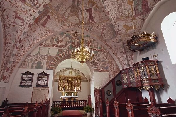 Interior of Keldby church, with frescoes by Elmelunde Master, Keldby, Mon