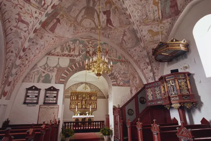 Framed Print : Interior of Keldby church, with frescoes by Elmelunde Master, Keldby, Mon Framed Print : Interior of Keldby church, with frescoes by Elmelunde Master, Keldby, Mon