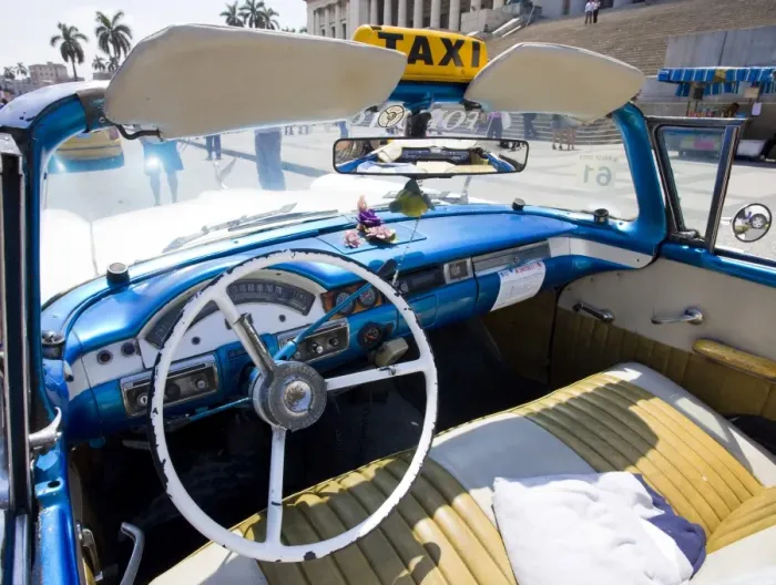 Framed Print : Interior of old American car being used as a taxi showing blue dashboard Framed Print : Interior of old American car being used as a taxi showing blue dashboard