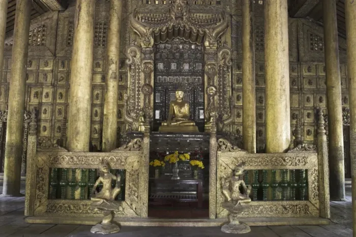 Framed Print : Interior of traditional wooden monastery, once part of the Royal Palace complex used by King Mindon