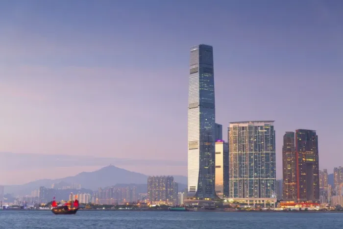 Framed Print : International Commerce Centre (ICC) and junk boat, Kowloon, Hong Kong, China, Asia