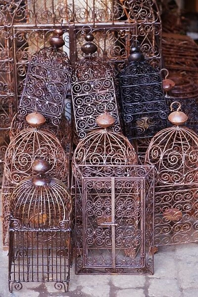 Intricately crafted bird cages in Souk Addadine (metalworkers souk), Marrakech, Morocco, North Africa, Africa