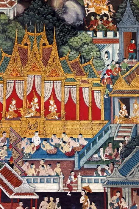 Framed Print : Intricately painted 200 year old murals located on the inner walls inside the Vihara of Wat Pho Framed Print : Intricately painted 200 year old murals located on the inner walls inside the Vihara of Wat Pho