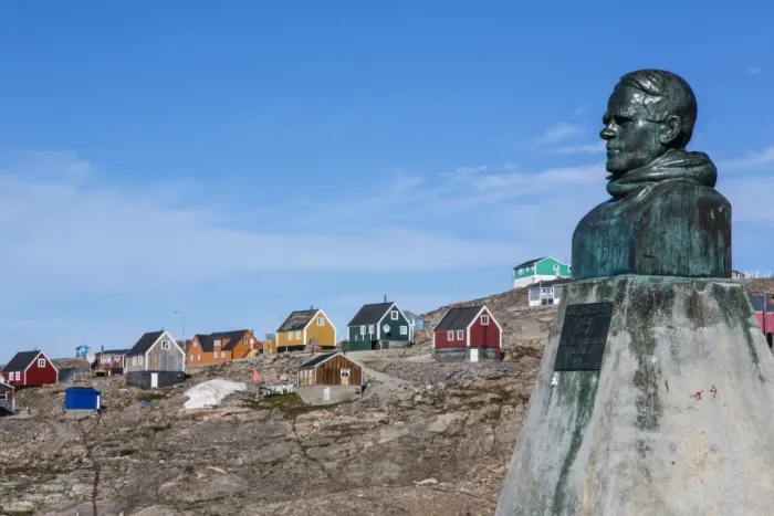 Framed Print : Inuit village and Ejnar Mikkelsen statue, Ittoqqortoormiit, Scoresbysund, Northeast Greenland, Polar Regions Framed Print : Inuit village and Ejnar Mikkelsen statue, Ittoqqortoormiit, Scoresbysund, Northeast Greenland, Polar Regions