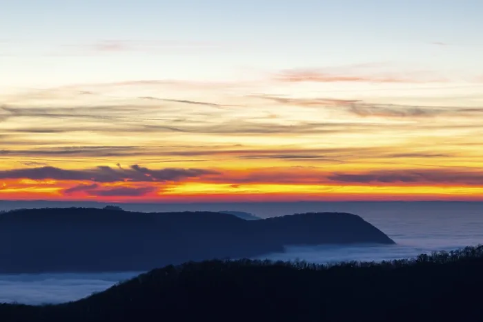 Framed Print : Inversion weather, fog, sunset, autumn, view from Breitenstein, Ochsenwang, Swabian Jura, Baden-Württemberg, Germany