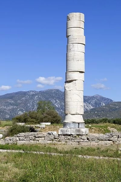 Ireon archaeological site with column of the Temple of Hera, Ireon, Samos, Aegean Islands, Greece