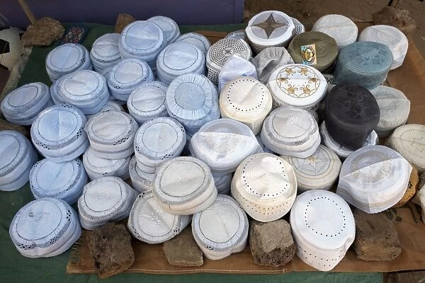 Islamic caps (Muslim hats) on sale in the town of Shendi