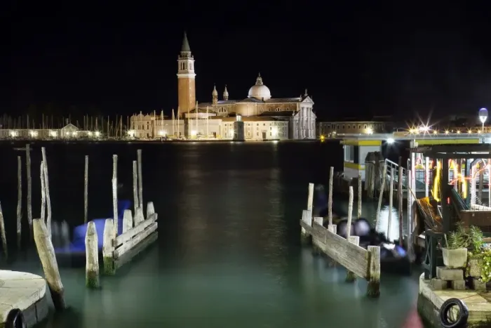 Framed Print : The island and church of San Georgio Maggiore at night with a boat dock in the foreground Framed Print : The island and church of San Georgio Maggiore at night with a boat dock in the foreground