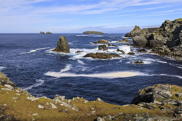 Isle of Fethaland, frothy sea, stacks, cliffs, Isle of Gruney, Ramna Stacks, North Roe