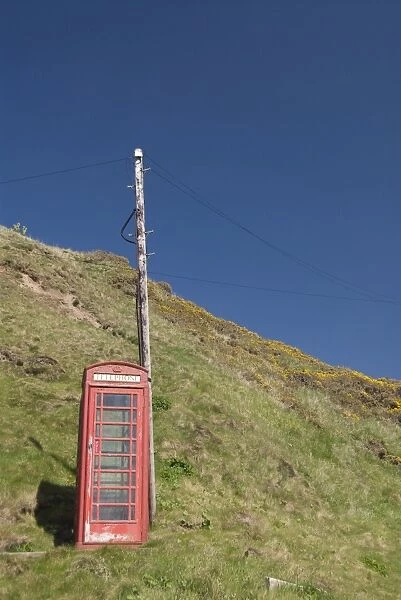 Isolated telephone box, Crovie, Highlands, Scotland, United Kingdom, Europe
