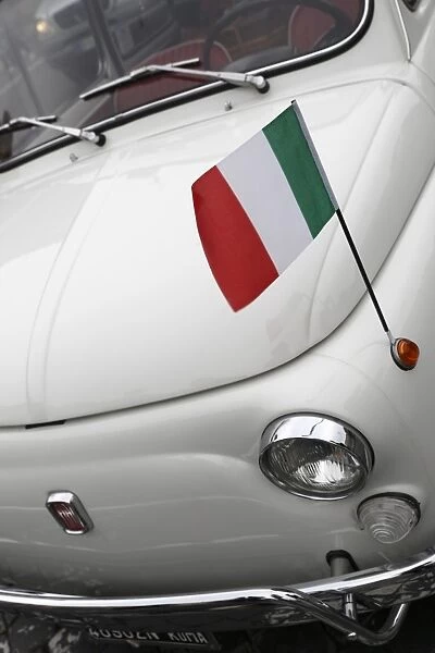 Italian flag on Fiat 500 car, Rome, Lazio, Italy, Europe