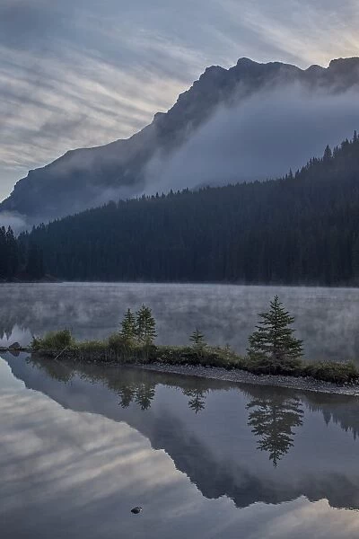 Two Jack Lake with fog, Banff National Park, UNESCO World Heritage Site, Alberta, Canada, North America