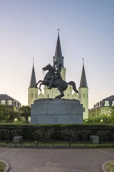 Jackson Square and Saint Louis Cathedral at dusk, French Quarter, New Orleans, Louisiana