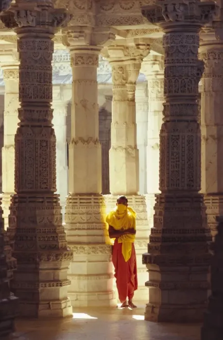 Framed Print : Jain covering his mouth in the interior of the Adinath Temple complex