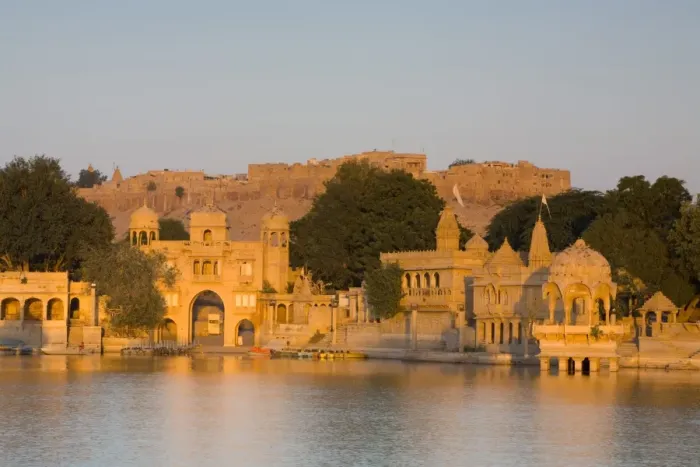 Framed Print : Jaisalmer Fortress and Gadsisar Lake illuminated at sunrise, Jaisalmer, Rajasthan, India, Asia Framed Print : Jaisalmer Fortress and Gadsisar Lake illuminated at sunrise, Jaisalmer, Rajasthan, India, Asia