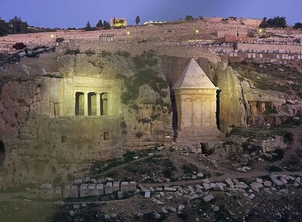 Jehoshafat and Zacharias tombs at dusk, Kidron Valley, Jerusalem, Israel