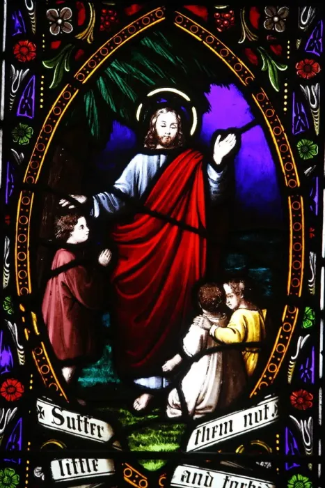 Framed Print : Jesus blessing the children, 19th century stained glass in St Framed Print : Jesus blessing the children, 19th century stained glass in St