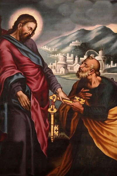 Jesus giving keys to St. Peter, painting in Palma Cathedral, Palma, Majorca