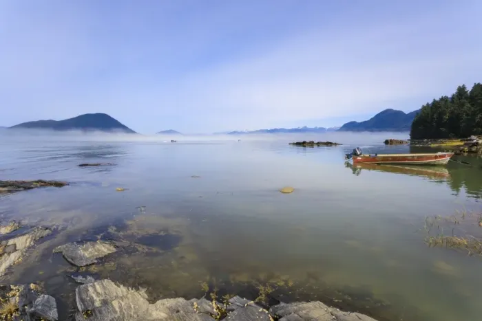 Framed Print : Jet-boats head for the Stikine River, mist clears from beautiful Petroglyph Beach Framed Print : Jet-boats head for the Stikine River, mist clears from beautiful Petroglyph Beach