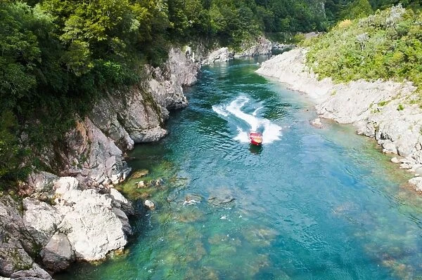Jetboating on the Buller River at Buller Gorge Swingbridge, South Island, New Zealand, Pacific