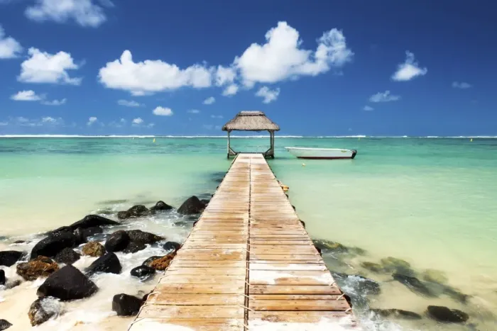 Framed Print : Jetty and boat on the turquoise water, Black River, Mauritius, Indian Ocean, Africa Framed Print : Jetty and boat on the turquoise water, Black River, Mauritius, Indian Ocean, Africa